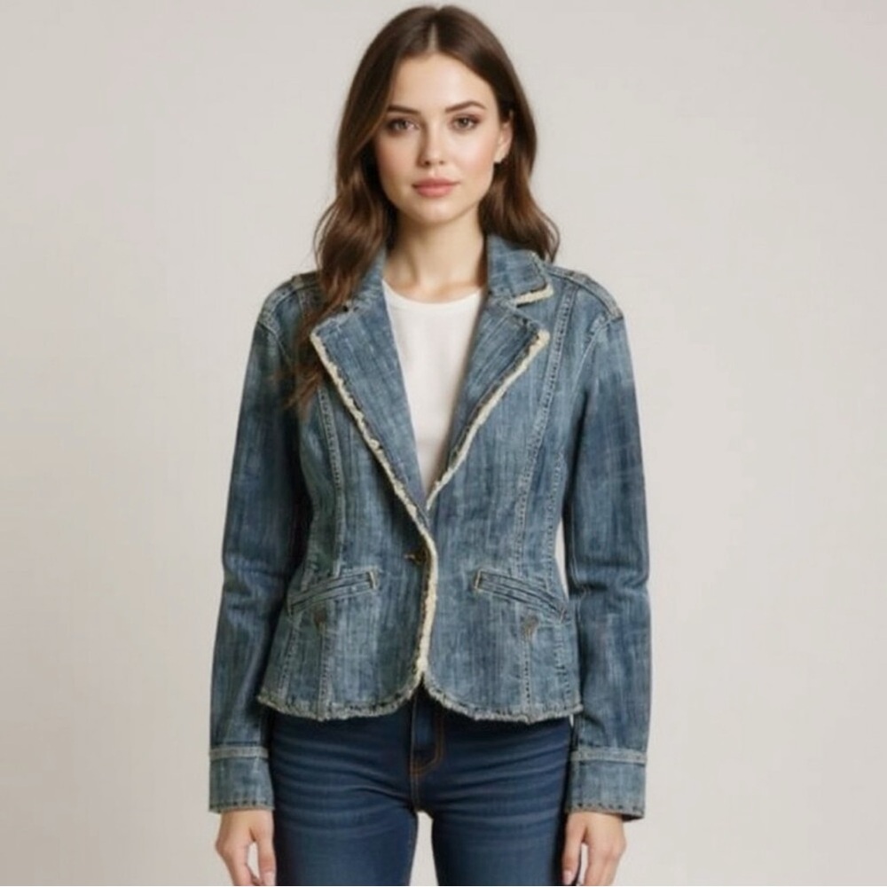 Michael Kors Distressed Blue Denim Blazer Jacket